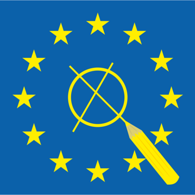 Wahlaufruf für Europa: Hintergrund blau, gelbe Sterne im Kreis, in der gelber Kreis mit x, gelber Stift