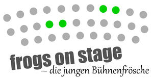 Logo mit dem Text "frogs on stage - die jungen Bühnenfrösche", graue und grüne Kreise in mehreren Reihen angeordnet.