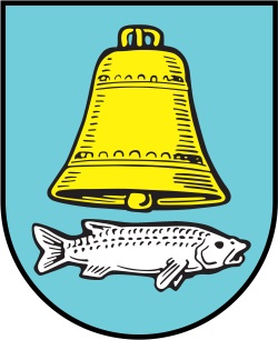 Wappen der Ortsgemeinde Neupotz. Darauf zu sehen ist eine gelbe Glocke und ein weißer Fisch drarunter. Hintergrundfarbe ist helblau.