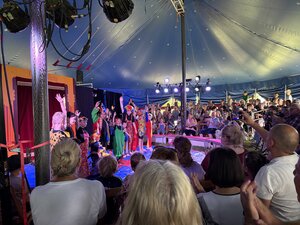 Man sieht die Clowns in der Manege in einer Reihe stehend. Sie winken dem Publikum zu, das applaudiert.