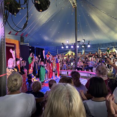 Bild vergr&ouml;&szlig;ern: Man sieht die Clowns in der Manege in einer Reihe stehend. Sie winken dem Publikum zu, das applaudiert.
