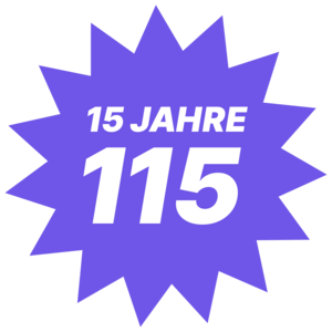 Man sieht einen Stern in der Farbe lila/blau, darin steht 15 Jahre 115.