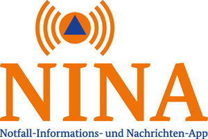 Bild vergr&ouml;&szlig;ern: Die Grafik zeigt das Logo der Warn-App in oranger Schrift NINA, in blauer Schrift Notfall-Informations- und Nachrichten-App