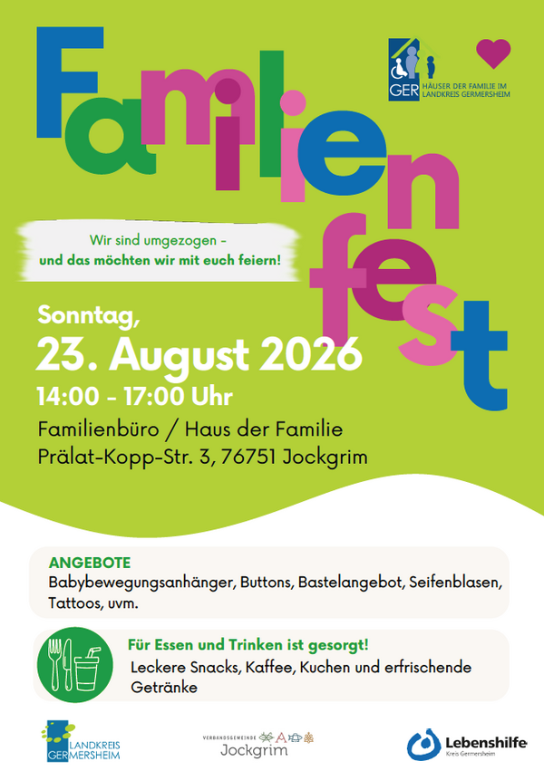 Bild vergr&ouml;&szlig;ern: Das Plakat zeigt die Infos zum Fest. 
Unten sind die drei Logos: Landkreis Germersheim, Verbandsgemeinde, Lebenshilfe